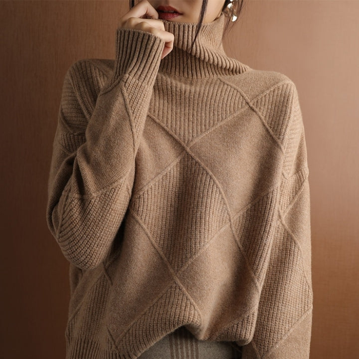 Women's Sweater - Soft Diamond Pattern Roll Neck