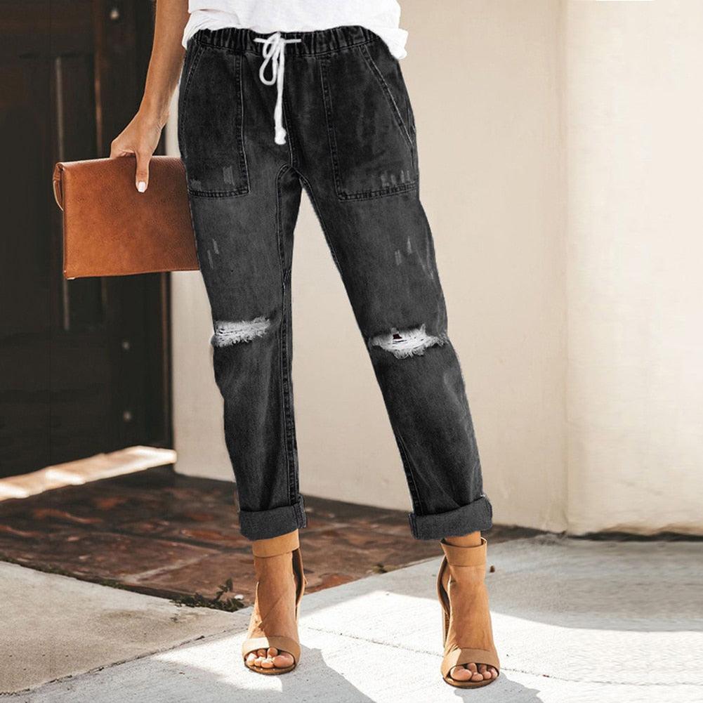 Women's Classic Straight Jeans - Elastic Waist & Side Pockets