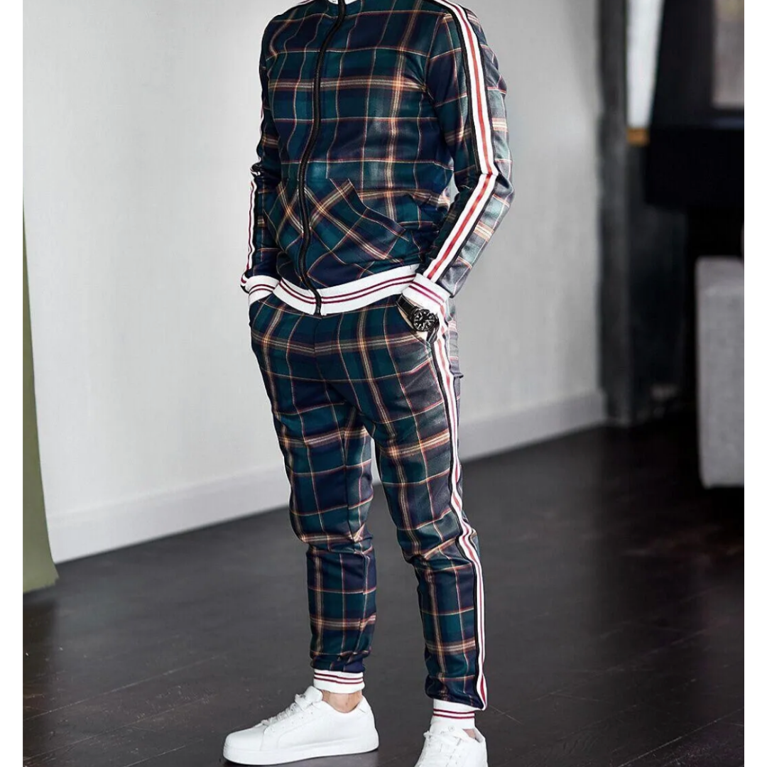 Classic Plaid Mens Tracksuit with Stripe Design - ModishWorld