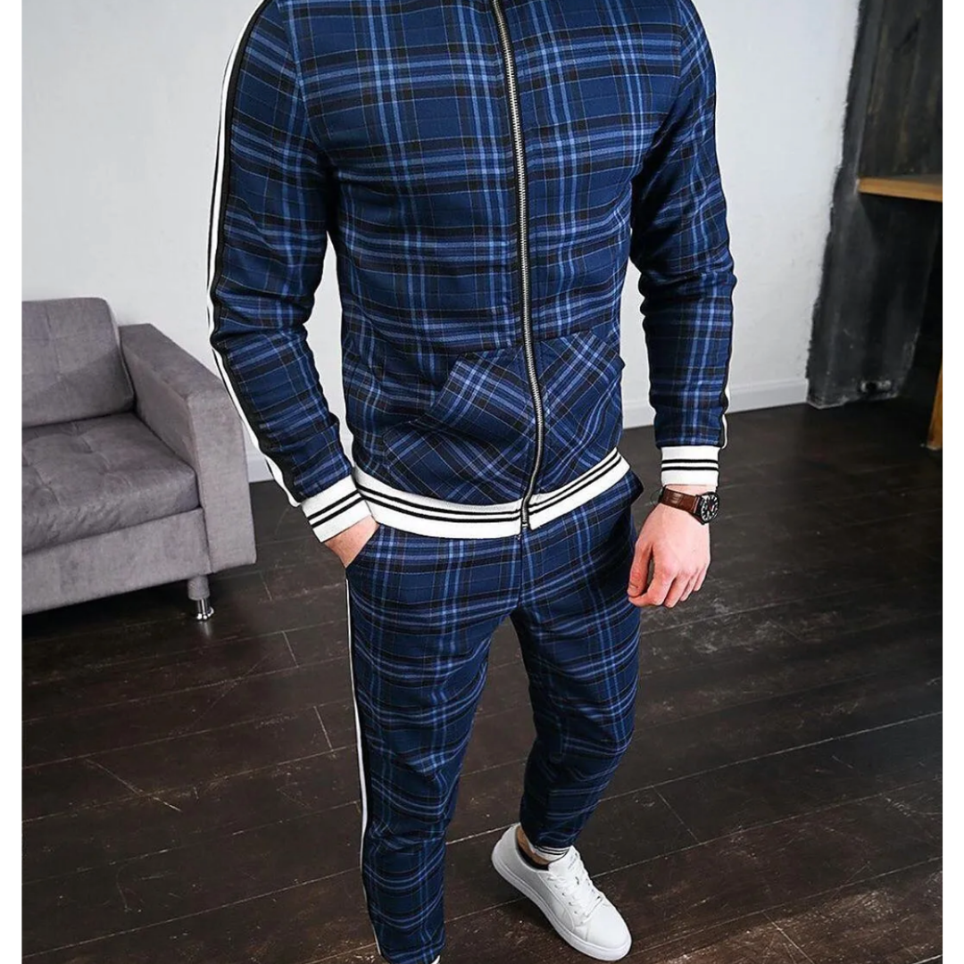 Classic Plaid Mens Tracksuit with Stripe Design