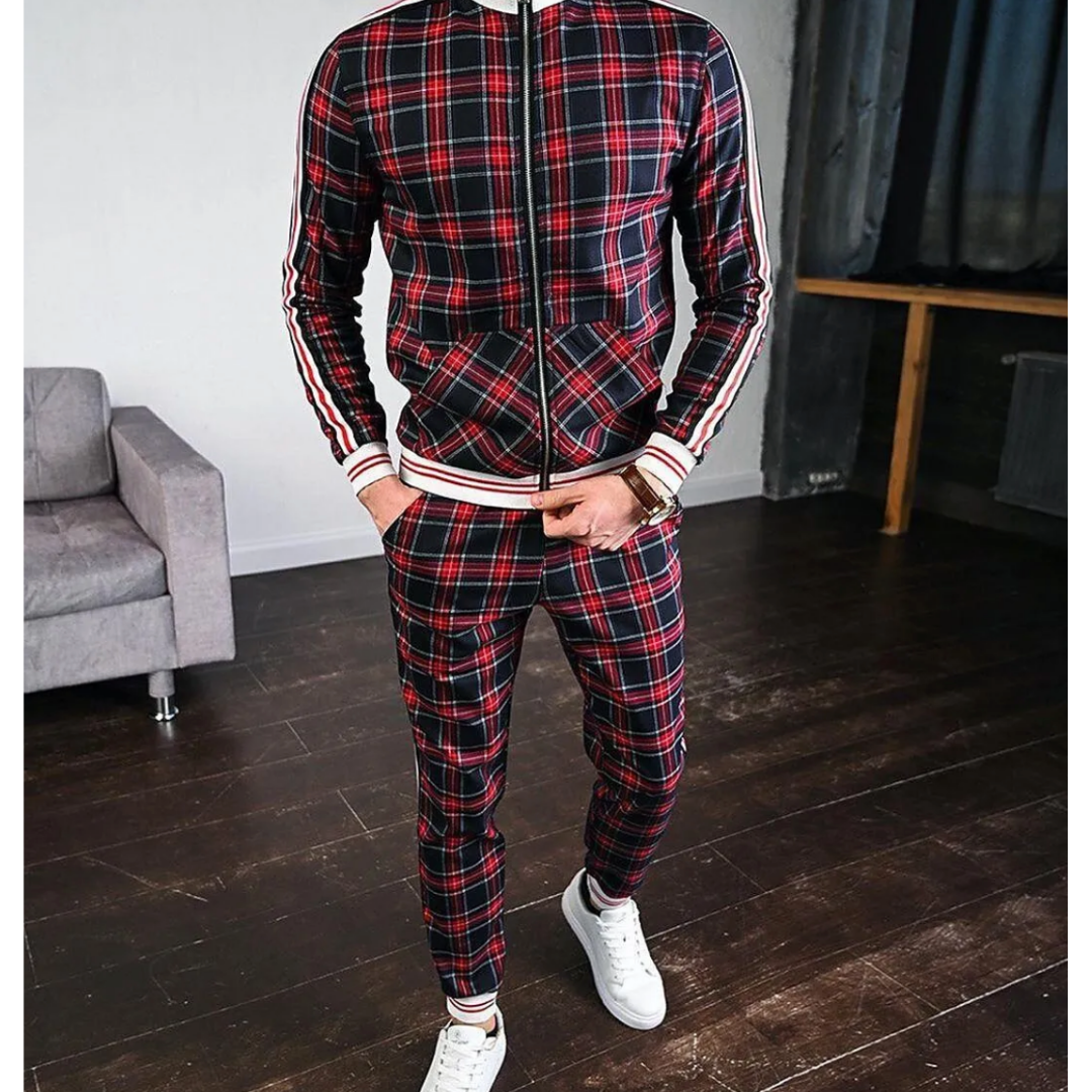 Classic Plaid Mens Tracksuit with Stripe Design