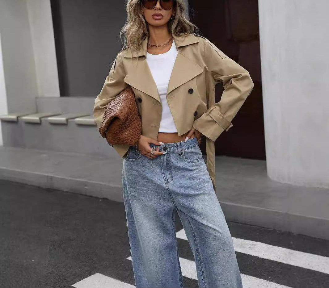 Classic Beige Short Trench Coat - Chic Waist Belt