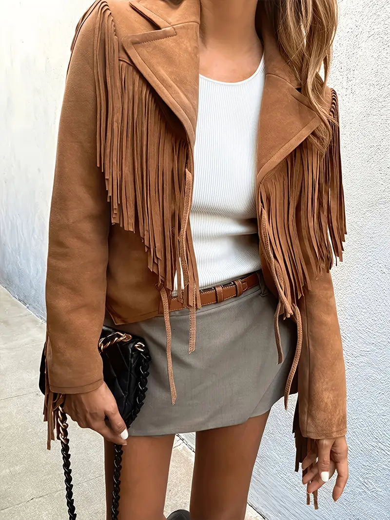 Short Tan Jacket with Fringe and Cropped Style - ModishWorld