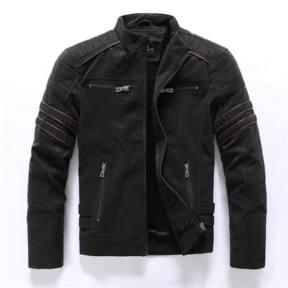 Men's Leather Biker Jacket with Red Stripe Trim - ModishWorld