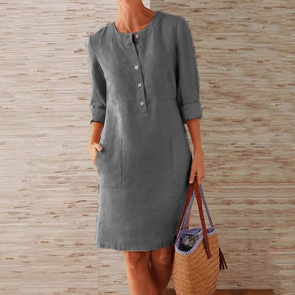Casual Loose Fit Button Dress - Comfortable Knee Length