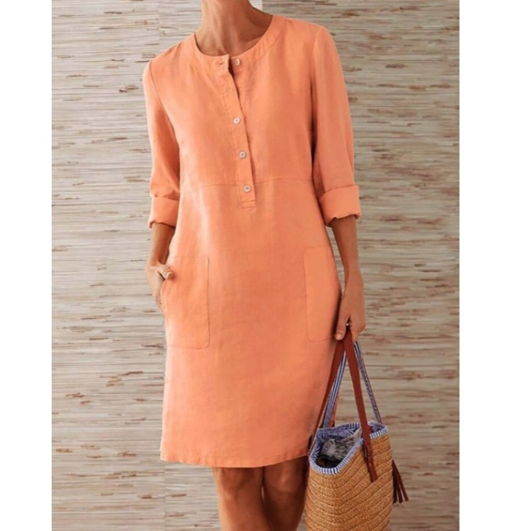Casual Loose Fit Button Dress - Comfortable Knee Length