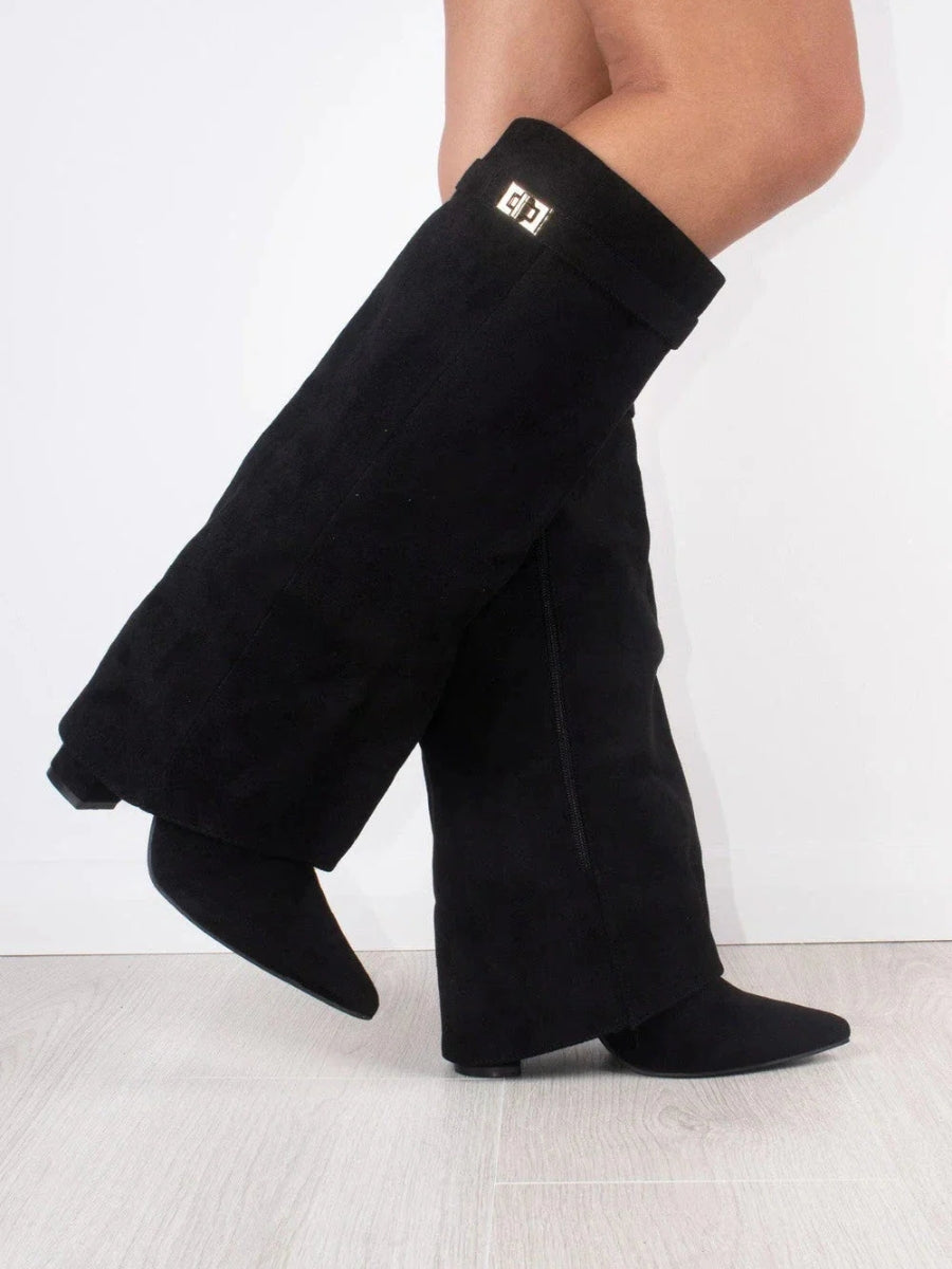 Tall Wide Calf Boots with Chunky Heel and Pointy Toe