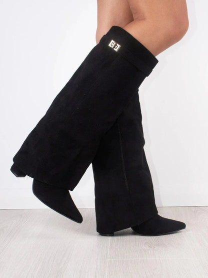 Tall Wide Calf Boots with Chunky Heel and Pointy Toe