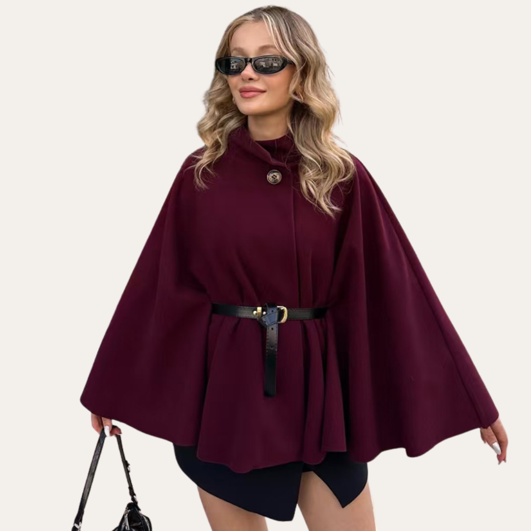 Ladies Long Cape with Belt and High Neckline - ModishWorld