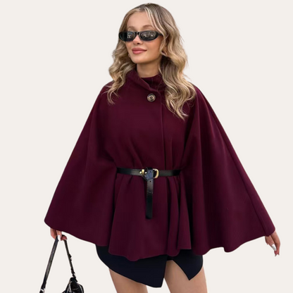 Ladies Long Cape with Belt and High Neckline - ModishWorld