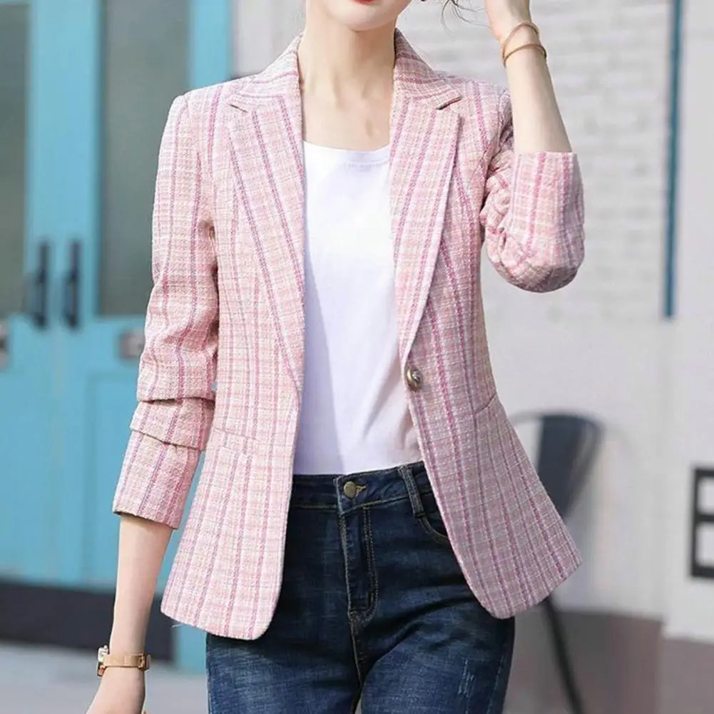 Timeless Plaid One-Button Jacket for Ladies