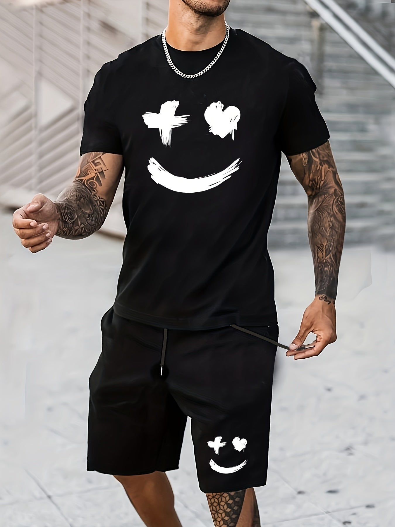 Funny Graphic Tee and Shorts Set for Men