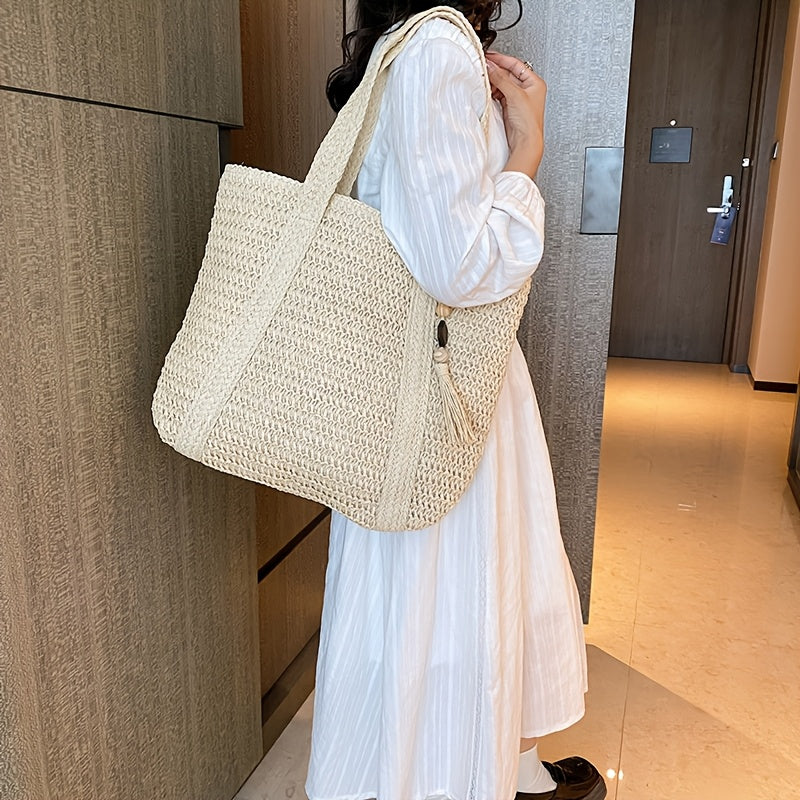 Large Straw Beach Shopping Bag - Classic Summer Design