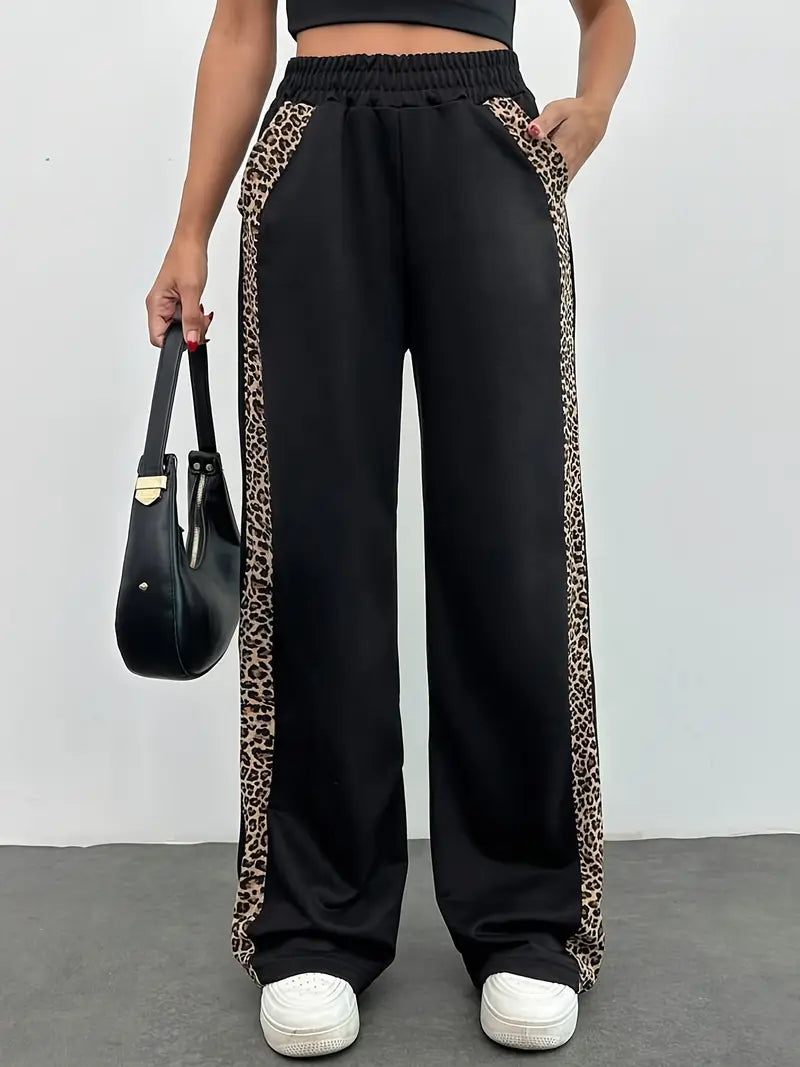 Women's Black Leopard Print Joggers - Chic Side Slit Pants