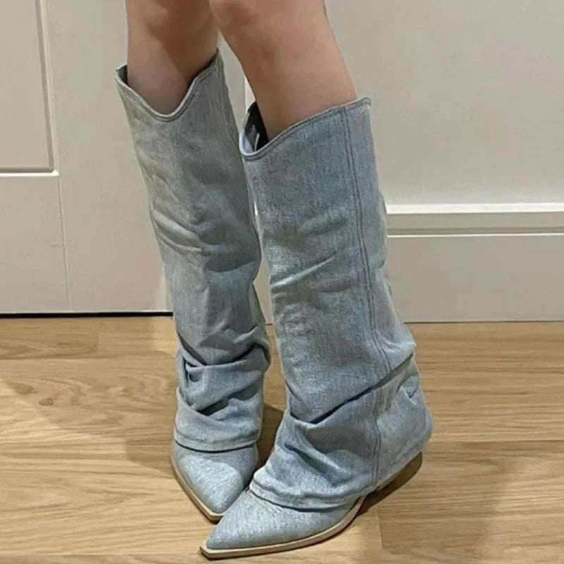 Ladies Tall Dark Jeans Cowboy Boots - Embroidered Block Heel - ModishWorld