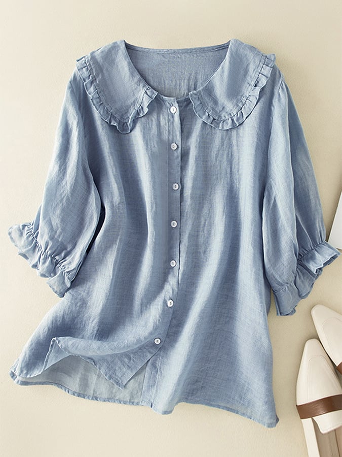 Relaxed Fit Floral Ruffle Neck Women's Blouse