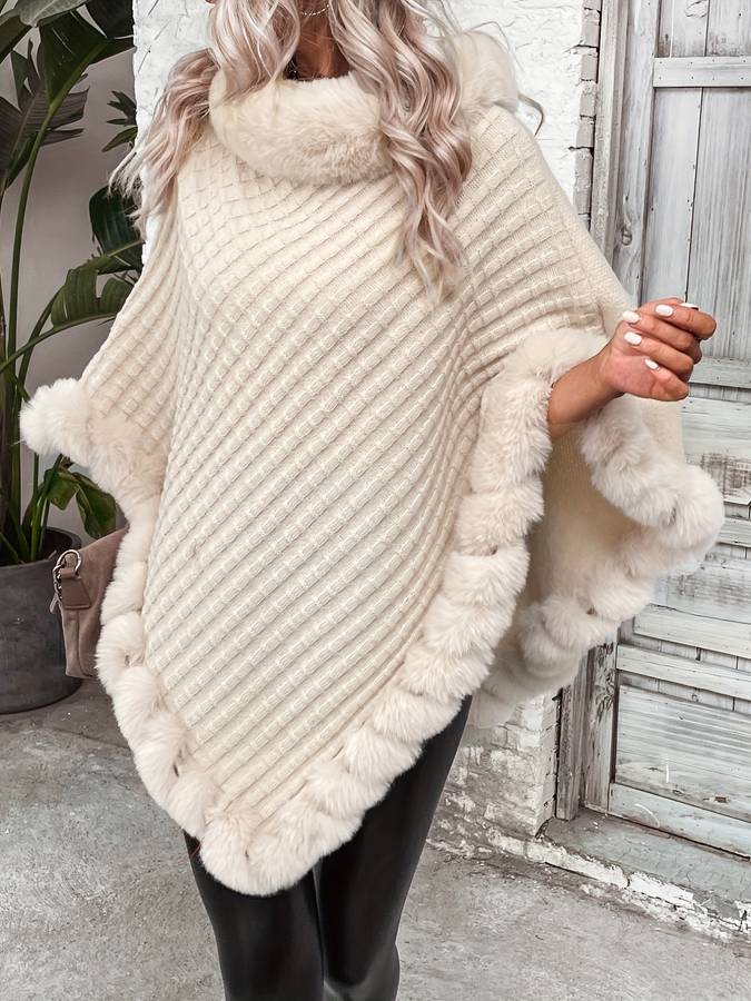Soft Beige Poncho with Fuzzy Edge and Diamond Design - ModishWorld