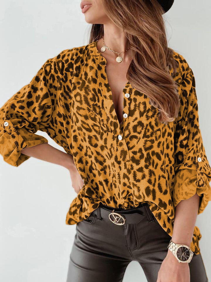 Fashionable Leopard V-Neck Women's Blouse