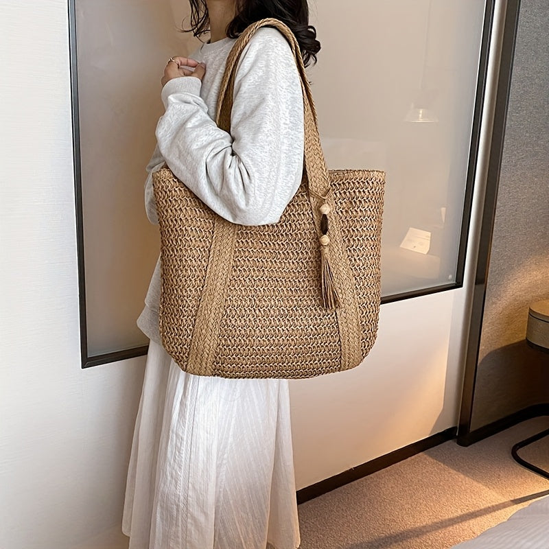 Large Straw Beach Shopping Bag - Classic Summer Design - ModishWorld
