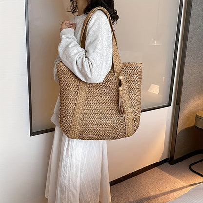 Large Straw Beach Shopping Bag - Classic Summer Design - ModishWorld