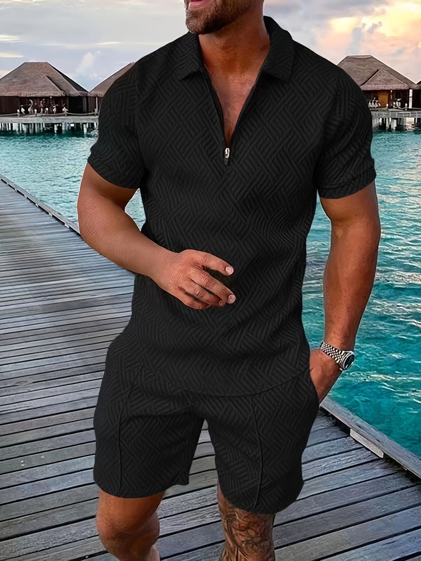 Relaxed Fit Mens Geometric Polo Shirt Shorts Combo