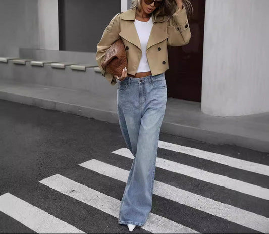 Classic Beige Short Trench Coat - Chic Waist Belt - ModishWorld