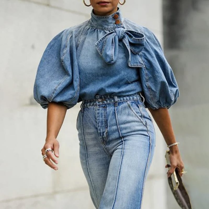 Beautiful Blouse with Bow and Puffed Sleeves - ModishWorld