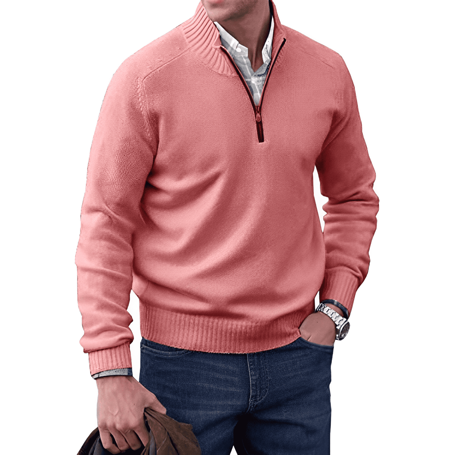 Men's Pullover Sweater - Quarter Zip Neck Ribbed Cuffs