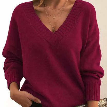 Women's V-Neck Sweater with Ribbed Sleeves