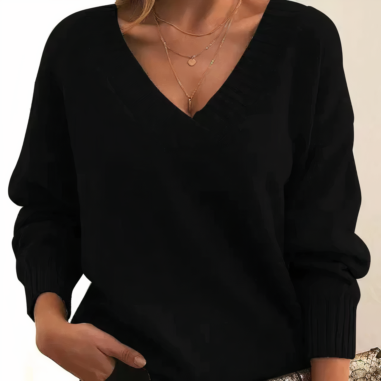 Women's V-Neck Sweater with Ribbed Sleeves