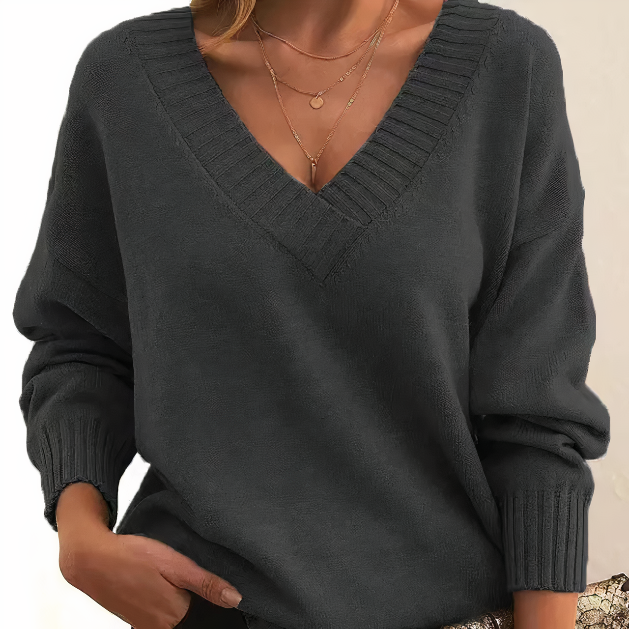 Women's V-Neck Sweater with Ribbed Sleeves