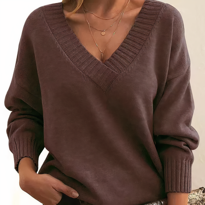 Women's V-Neck Sweater with Ribbed Sleeves
