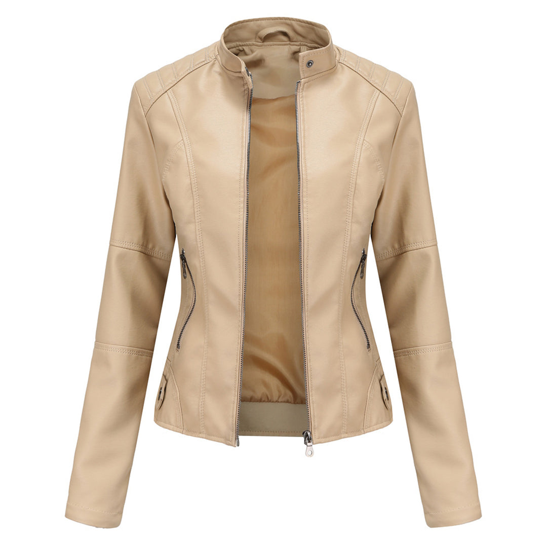 Feminine Leather Moto Jacket with Zip Front