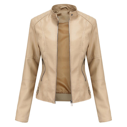 Feminine Leather Moto Jacket with Zip Front