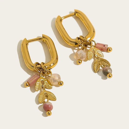Ya-Chan 18K Gold Hoop Earrings featuring Pink Gemstone and Gold Leaf Charm
 - ModishWorld
