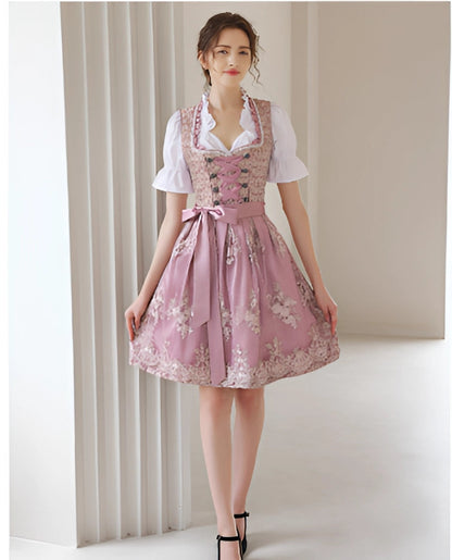 Women's Short Pink Embroidered Dirndl Dress for Oktoberfest 2024
 - ModishWorld