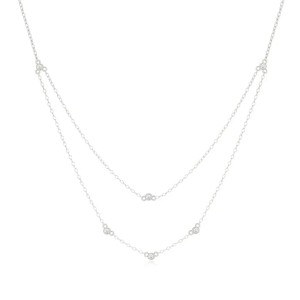 Double Layer Necklace in 925 Sterling Silver with Gold Pearl & Crystal Charm
 - ModishWorld