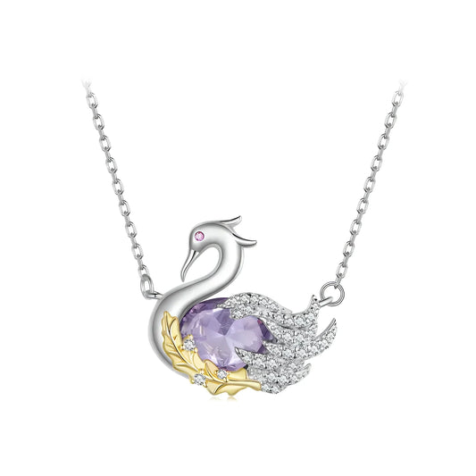 Purple Crystal and Sterling Silver Swan Pendant Necklace
 - ModishWorld