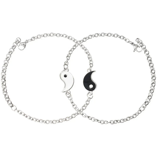 Silver Yin Yang Couple Bracelets: Adjustable, Black & White, Spiritual Harmony
 - ModishWorld
