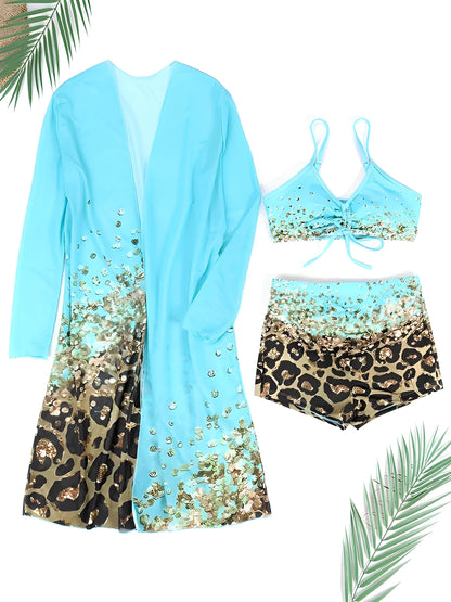 Women's Aqua Blue Kimono and Leopard Sequin Bikini Set Beachwear
 - ModishWorld