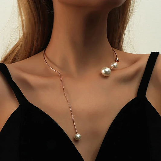 Luxury Rose Gold Pearl Lariat Necklace with Asymmetrical Design
 - ModishWorld