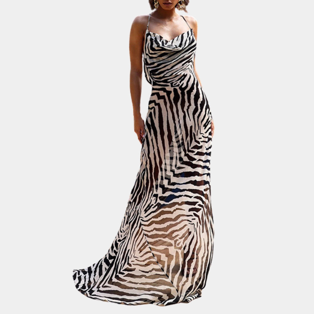 Halter Neck Zebra Print Maxi Dress, Backless Evening Gown – Modish World