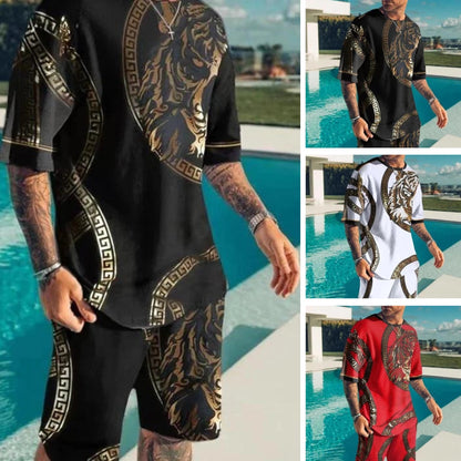 Men's Upscale V-Neck Shirt, Baroque Print & Gold Accents
 - ModishWorld