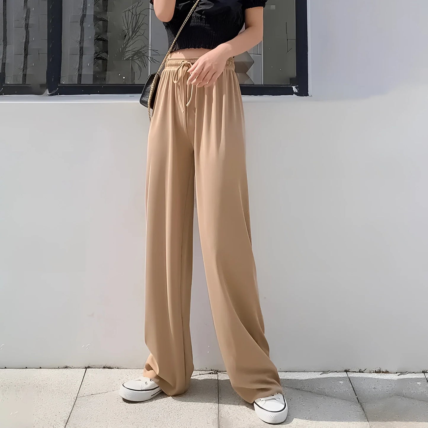 Women's Beige Palazzo Pants: High-Waisted, Wide Leg, Flowy and Lightweight
 - ModishWorld