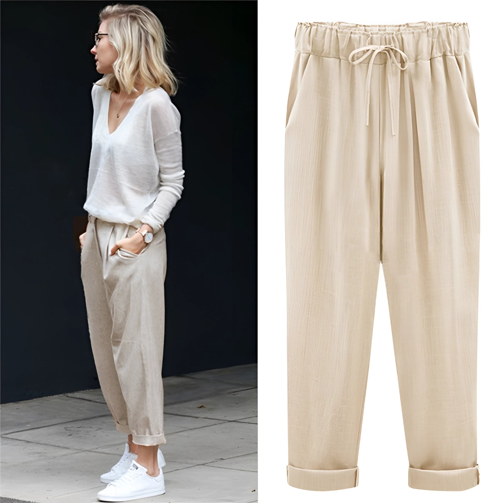 Women's High-Waisted Beige Linen Joggers: Lightweight and Breathable
 - ModishWorld