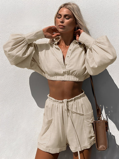 Beige Linen Crop Top and High-Waisted Shorts Set with Puffed Sleeves
 - ModishWorld