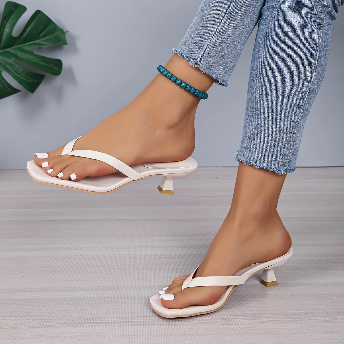 Elegant Women's Beige Thong Sandals with Gold Heels for Summer
 - ModishWorld