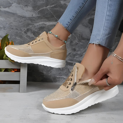 Women's Beige Chunky Sneakers: Breathable Mesh, Zipper, & Ankle Support
 - ModishWorld