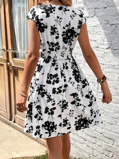 Sleeveless A-Line Black & White Floral Skater Dress for Summer
 - ModishWorld