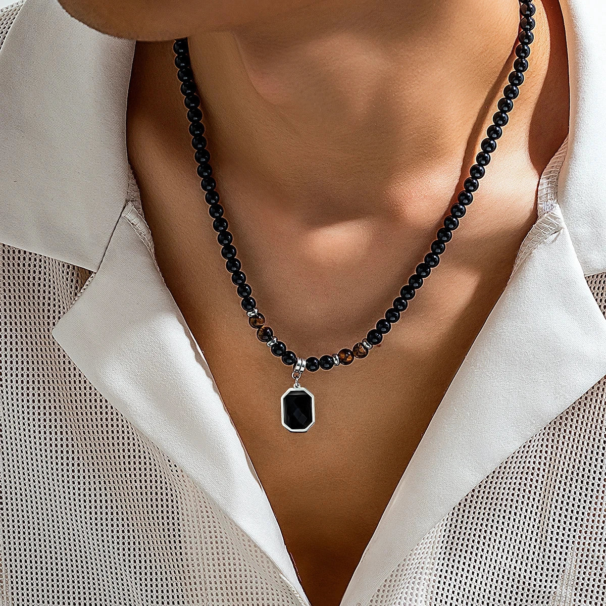 Elegant Men's Black Stone Pendant Necklace with Black Beads
 - ModishWorld